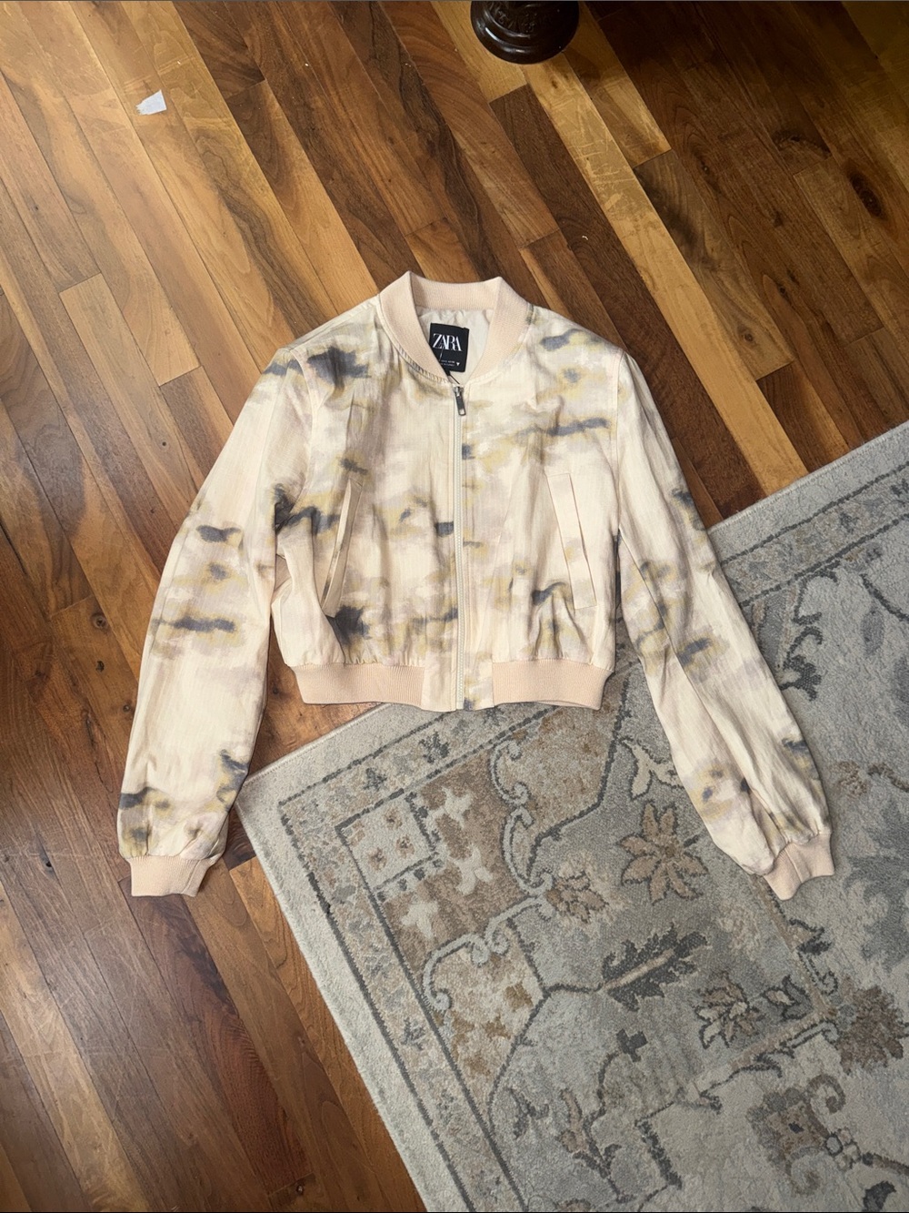 Zara Cream Tie-Dye Cropped Bomber Jacket